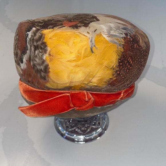 Vintage Paul Bensam Feathered Hat with Orange Velvet Ribbon 30’s40’s50’s main image 9